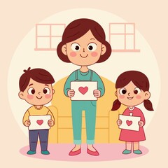 Children giving handmade Mother&rsquo;s Day gifts to their mom, heartfelt and emotional moment. Cartoon style