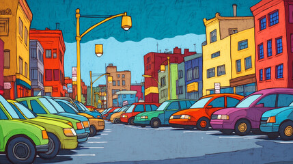Naklejka premium Cars standing on parking lot on city street. Cartoon vector illustration of urban landscape with parked automobiles on public zone with building silhouette, lamps and sign. Vehicle on town stop.