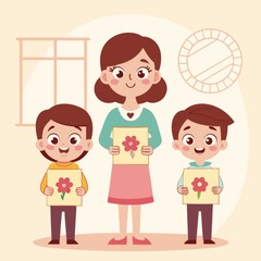 Children giving handmade Mother&rsquo;s Day gifts to their mom, heartfelt and emotional moment. Cartoon style
