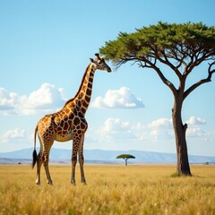 Towering giraffe standing tall in a savannah grassland with acacia trees , nature, giant animal, savannah