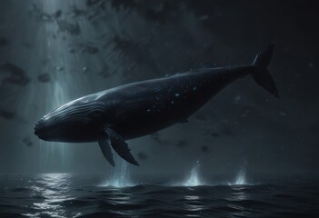 Fototapeta premium Towering whale shape in the dark ocean depths with bioluminescent fish swimming around it , fish, bioluminescence, ocean