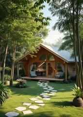 Exterior design and architecture of wooden igloo house villa among green garden park bamboo house background beautiful bamboo asian seaport baltic sea antebellum