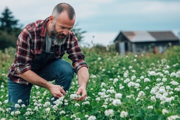 Fototapeta premium A photo of a bearded man in his mid-30s picking white clover flowers from the ground.