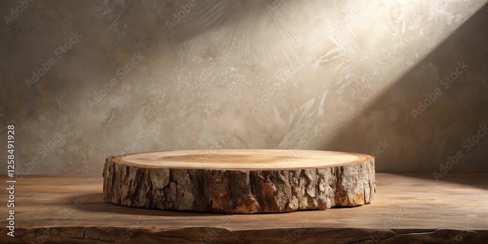 Aufkleber Rustic wooden display with a natural wood slice on a weathered table against a textured backdrop