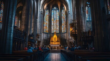 Obraz premium Majestic Gothic Cathedral Interior with Stained Glass Windows and Congregation