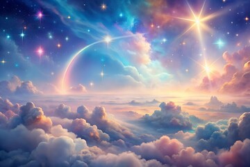 Ethereal Celestial Dreamscape Pastel Clouds and Starry Radiance in a Vibrant, Fantastical Sky Background.