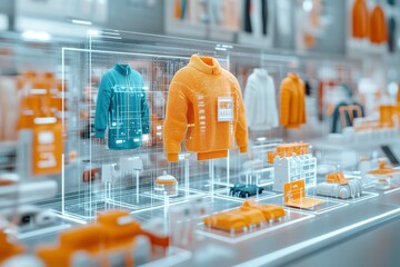 A modern retail display featuring digitally enhanced clothing, showcasing vibrant sweaters in a futuristic store setting.