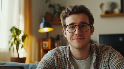 Fototapeta premium Cheerful young man smiling in a cozy living room setting