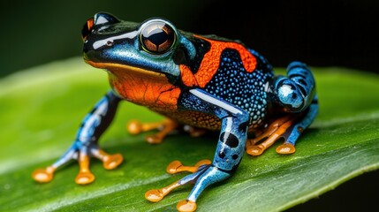 Obraz premium A frog with orange and blue spots is sitting on a leaf