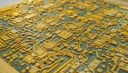 Obraz premium Golden circuit board with intricate microchip technology