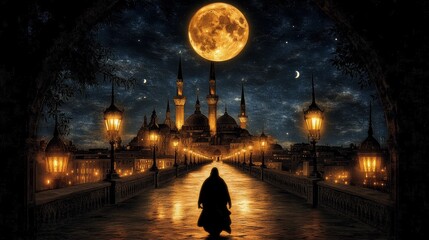 Obraz premium A lone figure walks toward a majestic mosque under a large, orange moon. The scene is lit by glowing streetlights, creating a magical atmosphere.