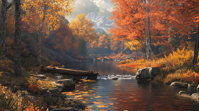 Cartoon landscape in fall with stream flow into mountain lake under tree trunks and orange grassy shores. Wild nature background, beautiful scenery view, autumn wood with plants, Vector illustration