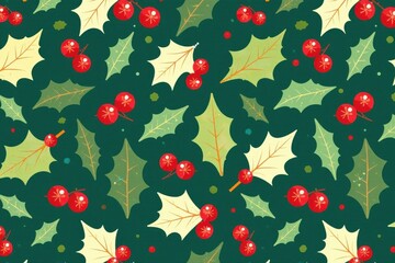 Trendy flat style geometric pattern featuring holly leaves and berries, geometric, holiday pattern, berry