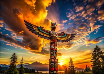 Obraz premium Vancouver Thunderbird Totem Pole Silhouette at Sunset, Indigenous Art, Canada