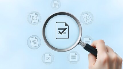 A silver magnifying glass with a clear lens hovers over a document icon with a checkmark