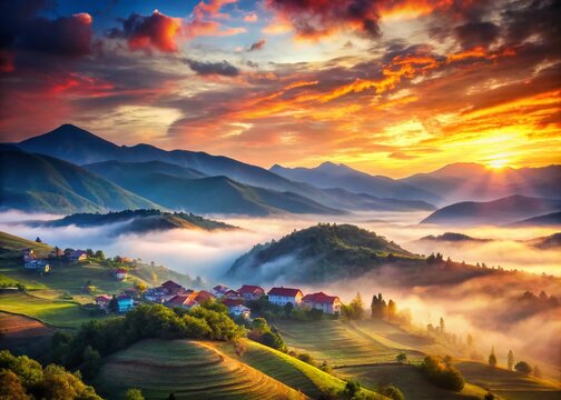 Albanian Village Voskopoja Panoramic Double Exposure Sunrise Landscape