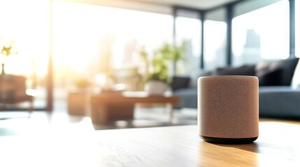 Smart speaker in a Scandinavian-style living room with natural light highlighting its design