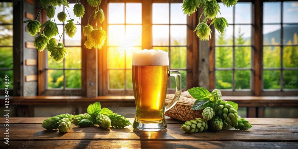 Poster Refreshing Beer in a Rustic Setting at Golden Hour