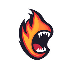 Minimalist and bold logo design of a flaming shape with an open mouth 