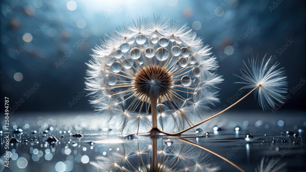 Poster a delicate dandelion clock with water droplets reflecting in a still surface