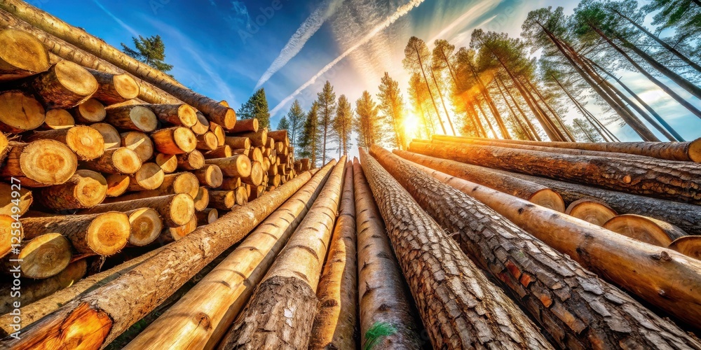 Poster sunlit timber harvest rows of felled logs stacked high against a backdrop of tall trees bathed in go
