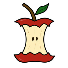 Isolated organic fruit waste. Handdrawn red apple bite with leaf. 