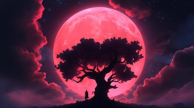 Silhouette of a woman standing before a large tree under a vibrant red moon.  Eerie and atmospheric digital art.