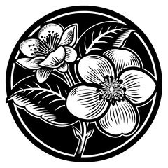 Black and White Jasmine Flower Vector Illustration, Detailed black and white vector illustration of jasmine flowers with leaves inside a circular frame, ideal for tattoos, logos, and decorative design