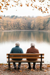 Autumn reflection elderly companions by serene lake nature peaceful view