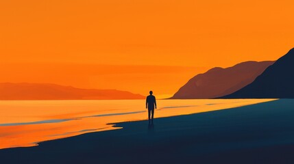 Fototapeta premium Solitary Figure Walking on Beach at Sunset with Vibrant Orange Sky