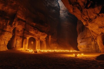 A photo of the breathtaking Candlekenbrunnei Cave in Beit Joon, with its impressive rock formations and illuminated by torches.