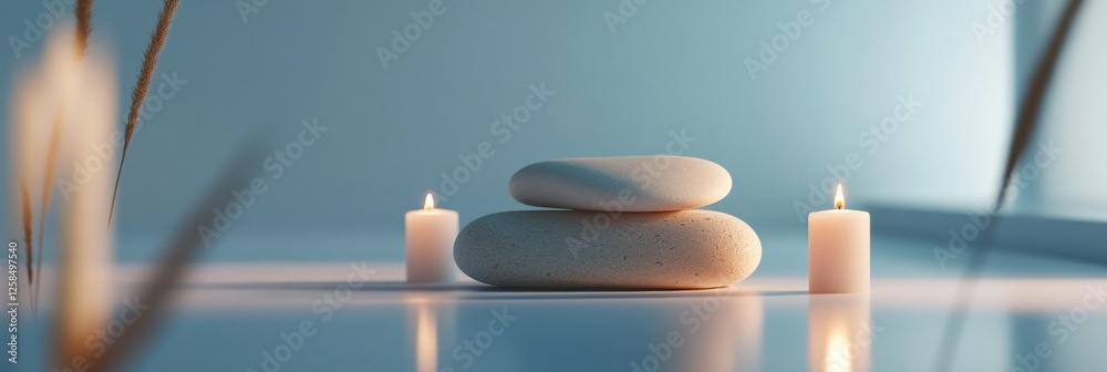 Poster discover tranquility with smooth massage stones and glowing candles in a relaxing spa environment. g
