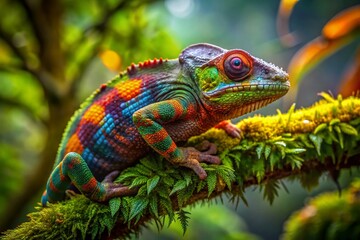 Obraz premium Vibrant Chameleon Resting on Lush Jungle Branch