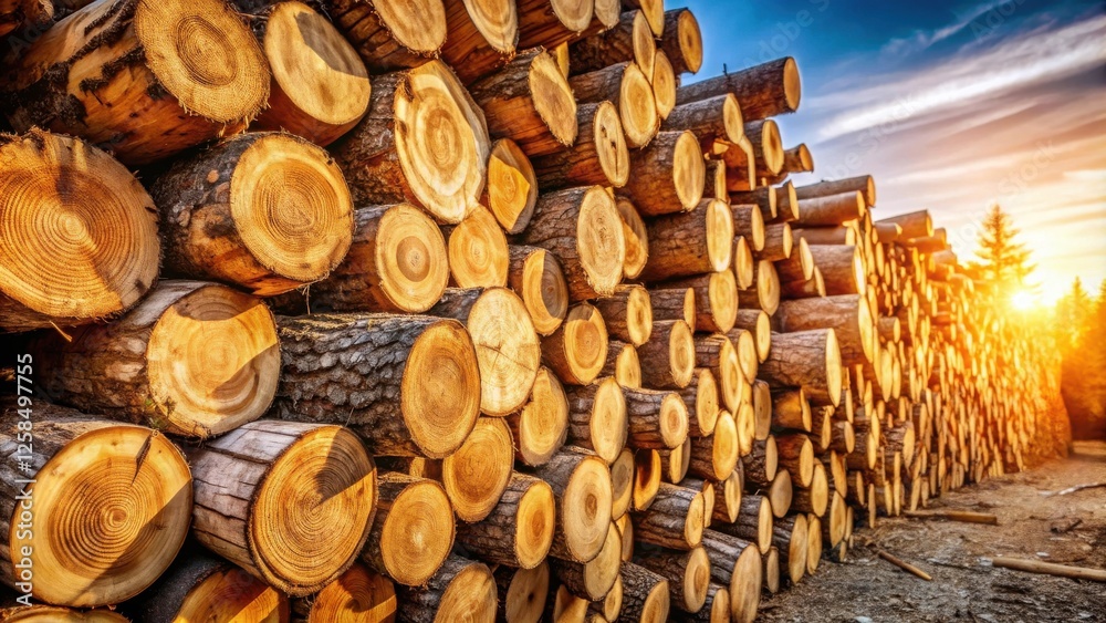 Poster golden hour lumber stack a massive pile of neatly arranged tree trunks bathed in the warm glow of th