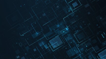 Minimalist Blue squares and lines on a dark background. Geometric pattern for banner template with white space in the center for text. Simple modern wallpaper with copy space.