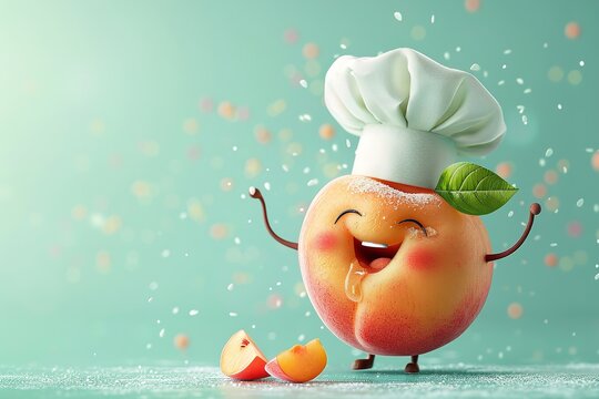 Over a pale green setting, an adorable animated peachy peach sporting&nbsp;a chef's hat with&nbsp;a joyful expression depicts cooking and healthy life lovely vivid hue and space, Generative AI.