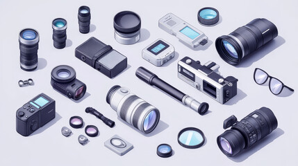 Professional camera lens, binoculars glass, spyglass, optics device camera. digital focus optical equipment vector illustration