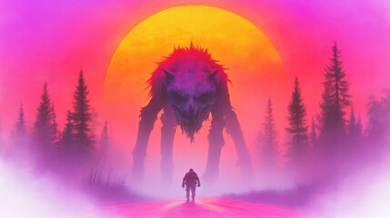 Fototapeta premium Silhouette of a man facing a monstrous creature under a vibrant sunset. A surreal digital painting.