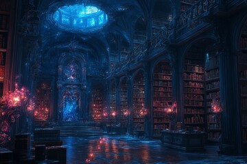 Obraz premium Gothic library, glowing books, magical ambience, fantasy setting, artwork