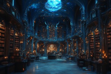 Obraz premium Enchanting library, fantasy castle, blue lighting, magical books, book cover