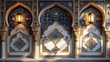 Fototapeta premium Elegant Ornate Wall Design with Blue Accents, A beautifully crafted wall featuring intricate patterns and warm lighting, perfect for enhancing interior aesthetics.