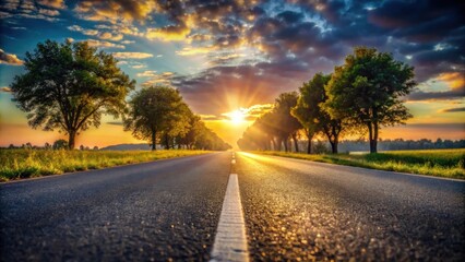 Fototapeta premium Asphalt road lined with trees at sunset, leading towards a radiant sun