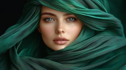 Fototapeta premium A captivating portrait of a woman draped in a flowing green scarf, her piercing blue eyes gazing intensely. The rich fabric wraps around her face, highlighting her flawless skin and delicate features