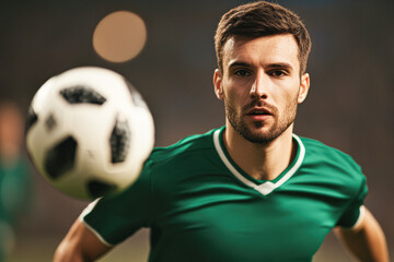 Intense soccer match player focused stadium sports night close-up