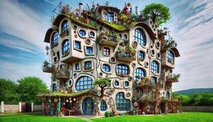 Fototapeta premium Conceptual image of a whimsical house with many floors and quirky and eccentric elements.