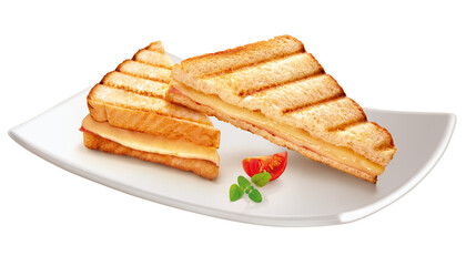prato com sanduíche de presunto e queijo tostado isolado em fundo transparente
