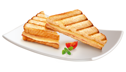 prato com sanduíche de presunto e queijo tostado isolado em fundo transparente