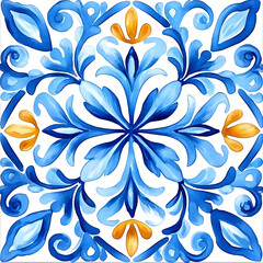 Fototapeta premium Watercolor artwork, blue and yellow azulejos tile Traditional Portuguese Mosaic