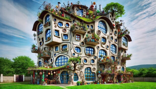 Conceptual image of a whimsical house with many floors and quirky and eccentric elements.