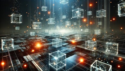 Fototapeta premium Futuristic glowing cubes floating in space symbolizing innovation and digital transformation in modern design.